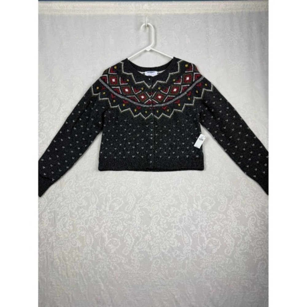 Old Navy Girls M Black Fair Isle Cardigan Sweater Cropped Button Front SoSoft